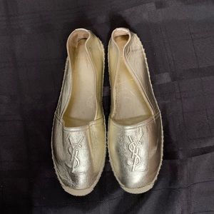 Saint Laurent Shoes 38 Metallic Gold Ysl Logo - Stitched Espadrilles Flats